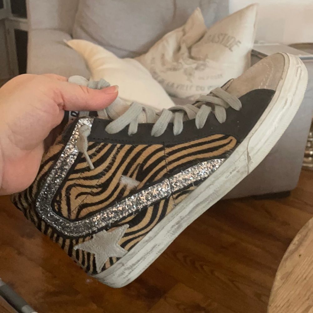 Golden Goose Zebra Print Sneakers with Silver Glitter